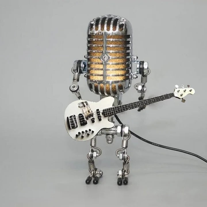 Edgy Metal Robot Lamp with Guitar Microphone Decor