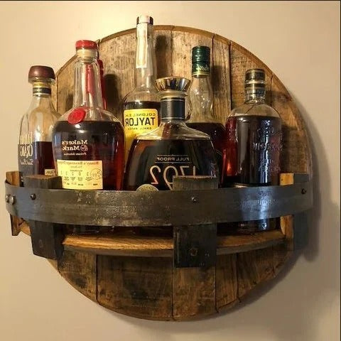 Reclaimed Wood Whiskey Barrel Shelf - Wall Mounted Bottle Rack - Fesara