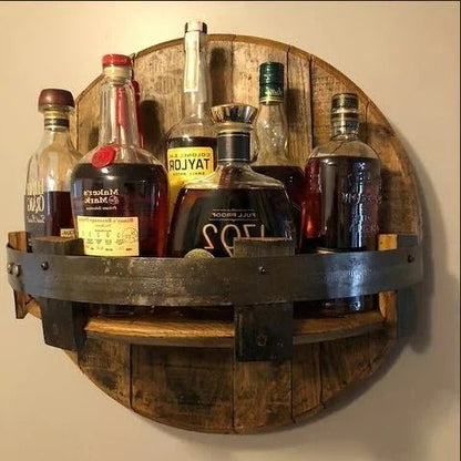 Reclaimed Wood Whiskey Barrel Shelf - Wall Mounted Bottle Rack - Fesara