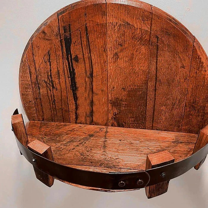 Reclaimed Wood Whiskey Barrel Shelf - Wall Mounted Bottle Rack