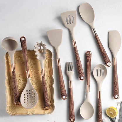Durable 10pc Silicone Kitchen Tool Set with Wood Handles
