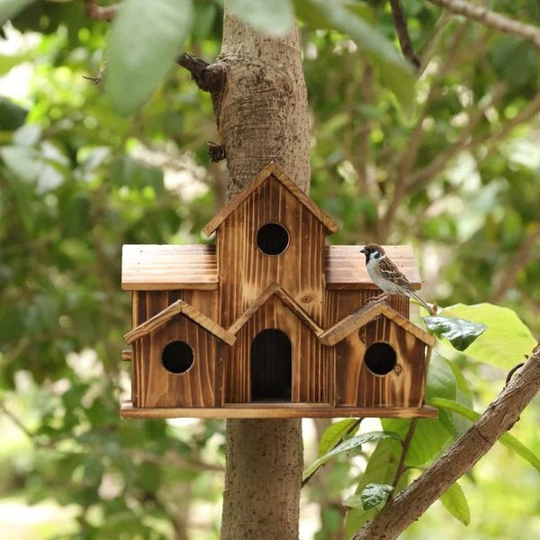 Natural Wood Bird Feeder House with 6 Perches