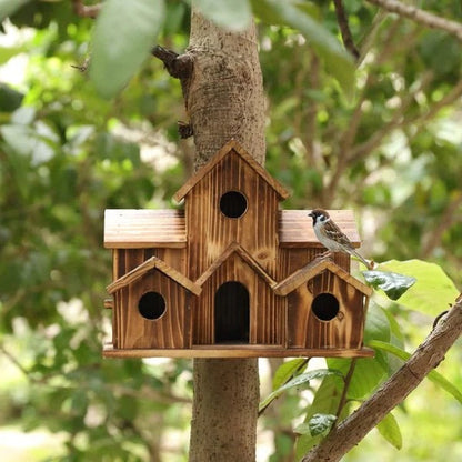 Natural Wood Bird Feeder House with 6 Perches