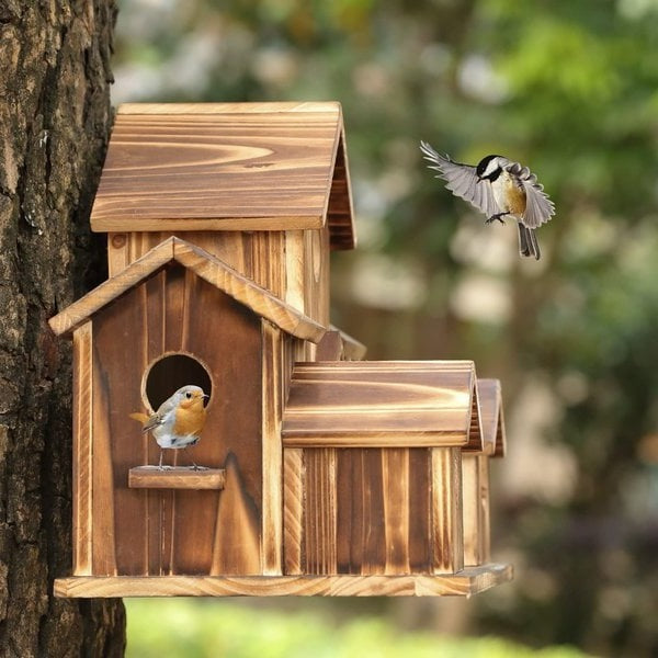 Natural Wood Bird Feeder House with 6 Perches