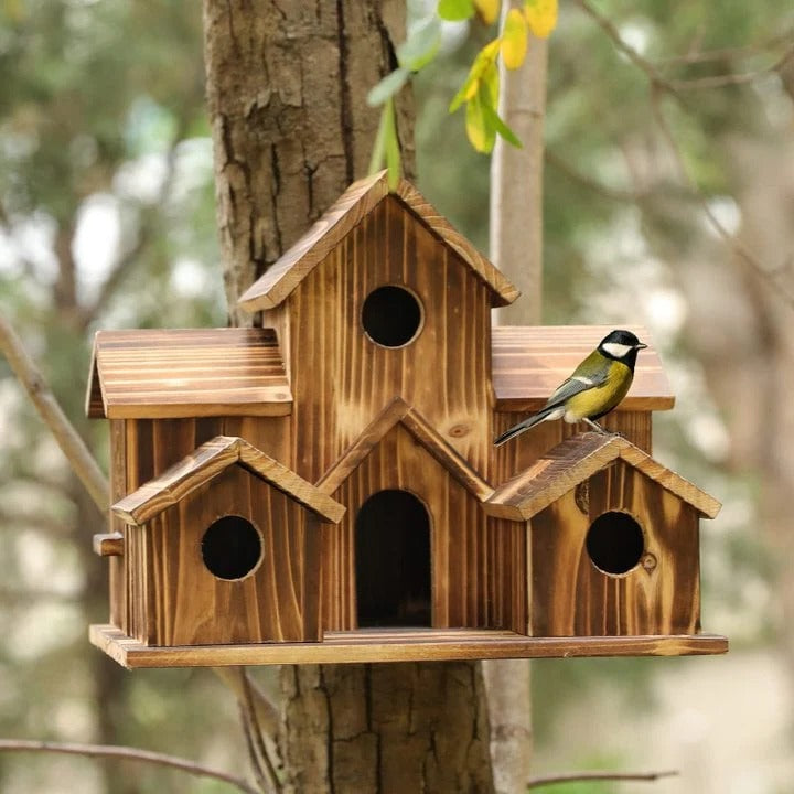 Natural Wood Bird Feeder House with 6 Perches - Fesara