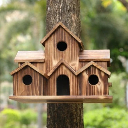 Natural Wood Bird Feeder House with 6 Perches