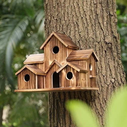 Natural Wood Bird Feeder House with 6 Perches