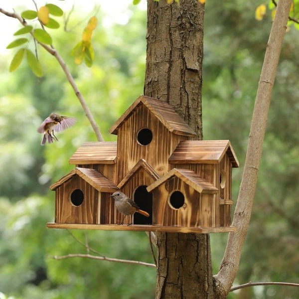 Natural Wood Bird Feeder House with 6 Perches