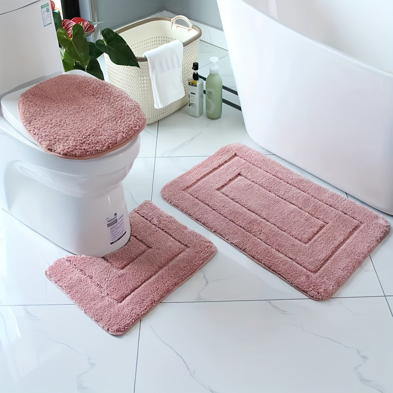 Plush Bathroom Mat Set - Anti-Slip and Fast Drying