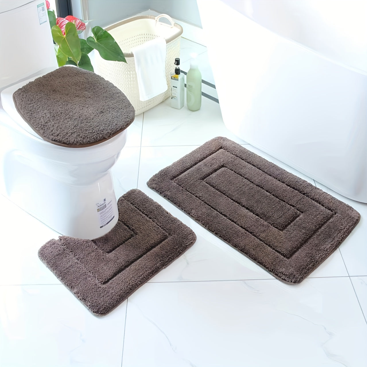 Plush Bathroom Mat Set - Anti-Slip and Fast Drying