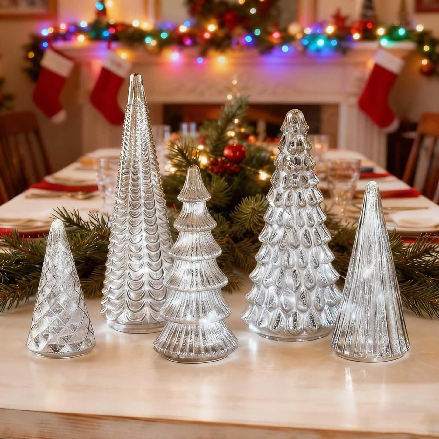 Fesara | Traditional LED Pine Set – 5-piece Silver Holiday Decor with Soft Lighting - Fesara