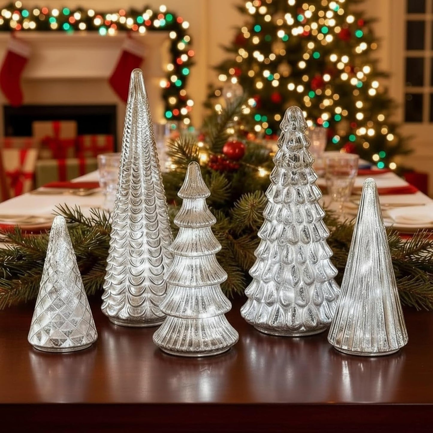 Fesara | Traditional LED Pine Set – 5-piece Silver Holiday Decor with Soft Lighting