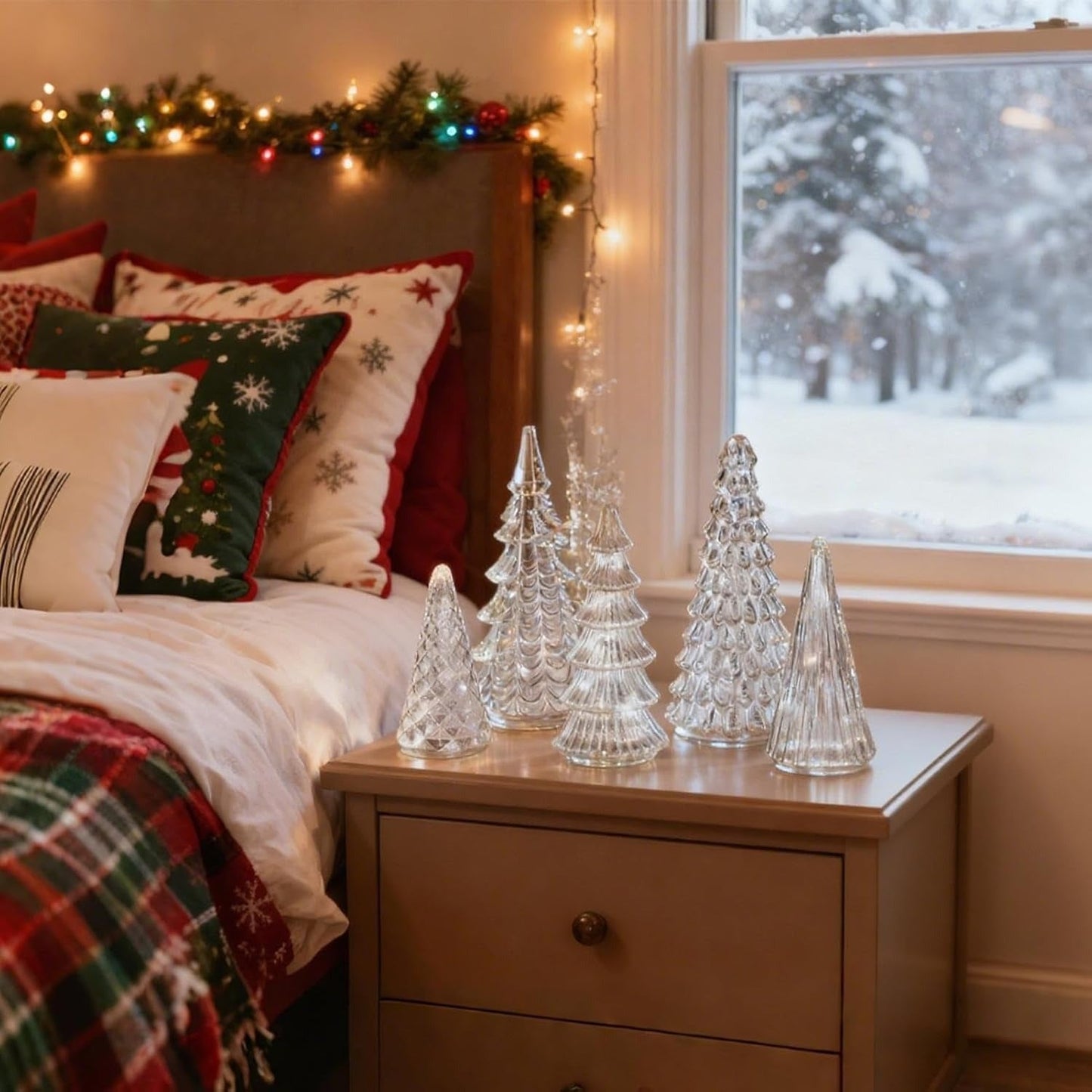 Fesara | Traditional LED Pine Set – 5-piece Silver Holiday Decor with Soft Lighting