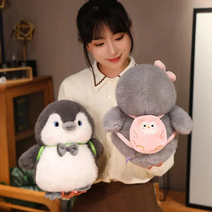 Soft Gray Penguin Stuffed Animal with Mini Backpack