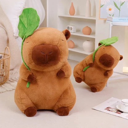 Cute Capybara Soft Plush Toy Holding Leaf