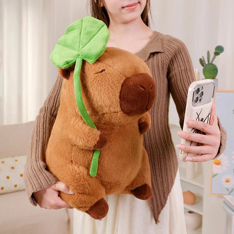 Cute Capybara Soft Plush Toy Holding Leaf