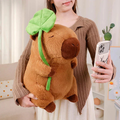Cute Capybara Soft Plush Toy Holding Leaf