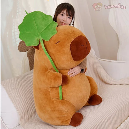 Cute Capybara Soft Plush Toy Holding Leaf