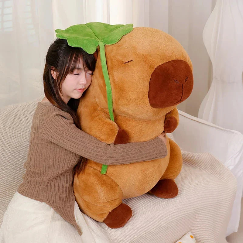Cute Capybara Soft Plush Toy Holding Leaf
