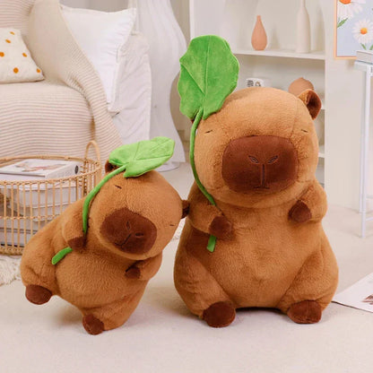 Cute Capybara Soft Plush Toy Holding Leaf