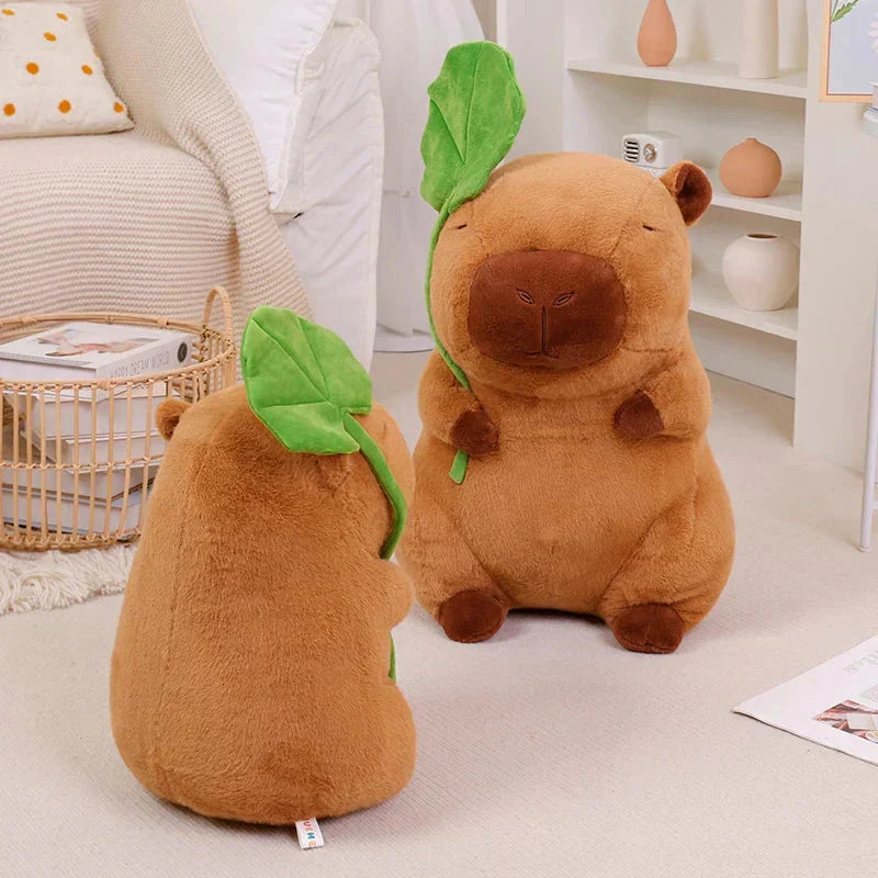 Cute Capybara Soft Plush Toy Holding Leaf