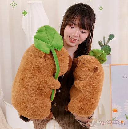 Cute Capybara Soft Plush Toy Holding Leaf