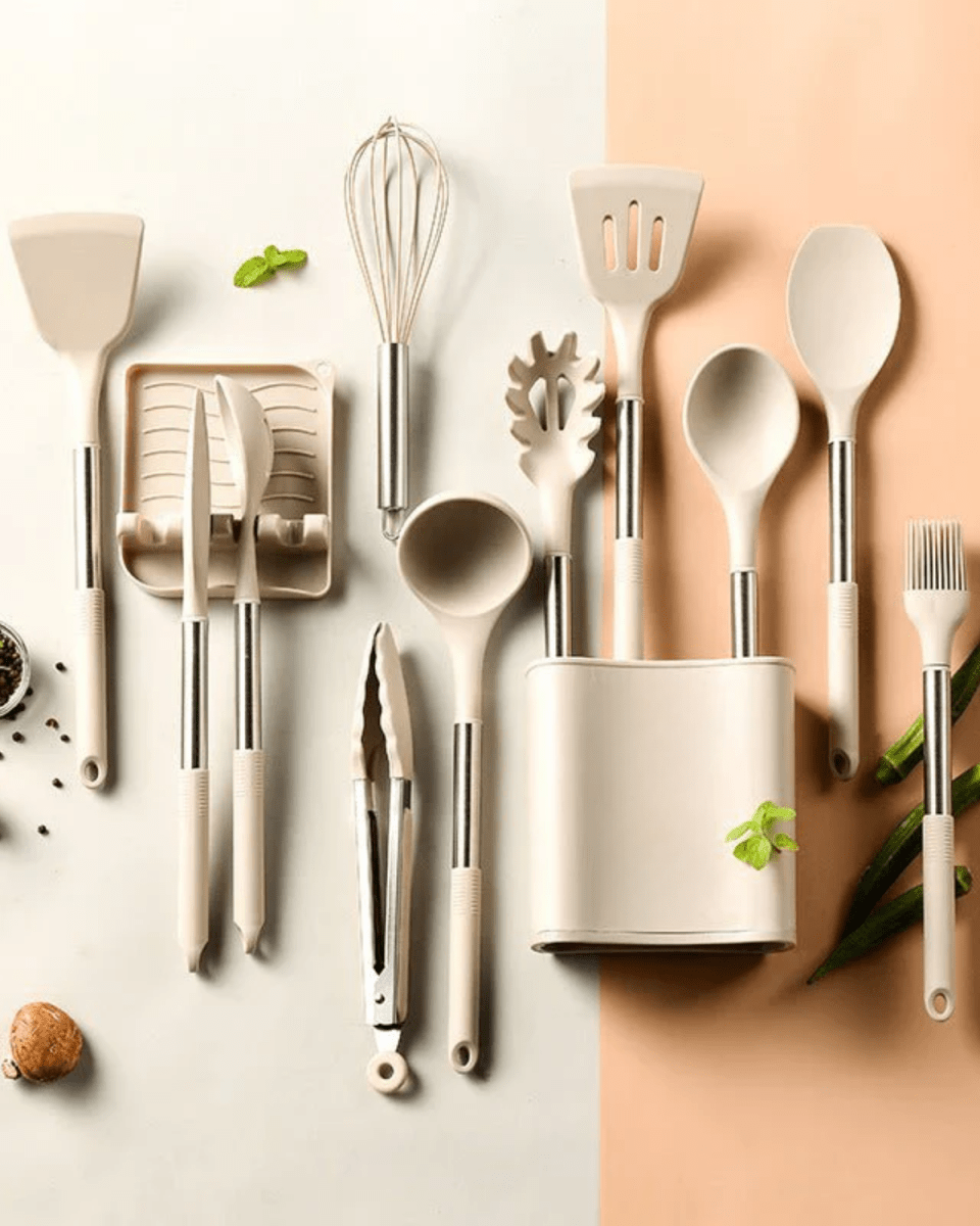 Premium Kitchen Utensil Set with Silicone & Wooden Handles