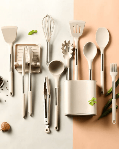 Premium Kitchen Utensil Set with Silicone & Wooden Handles