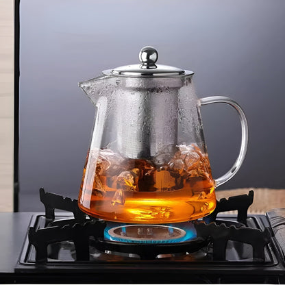 Clear Glass Tea Infuser with Steel Strainer and Wood Lid