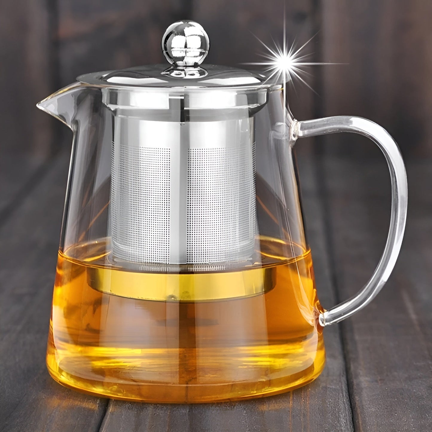 Clear Glass Tea Infuser with Steel Strainer and Wood Lid