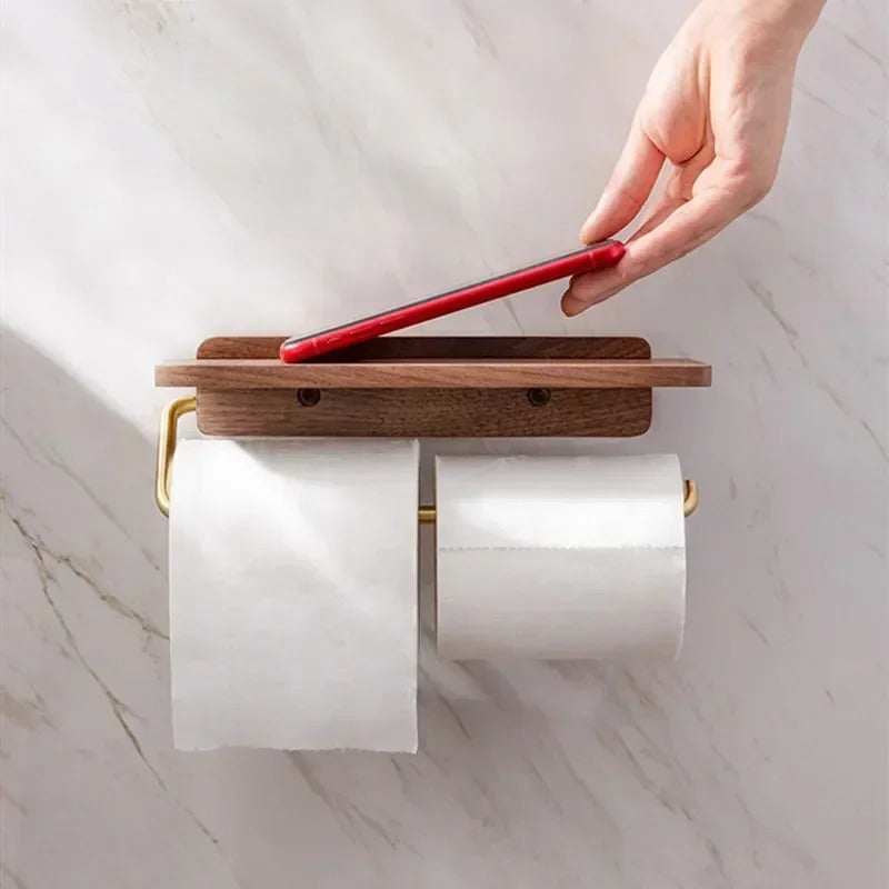 Elegant Wooden Toilet Paper Holder with Gold Bracket