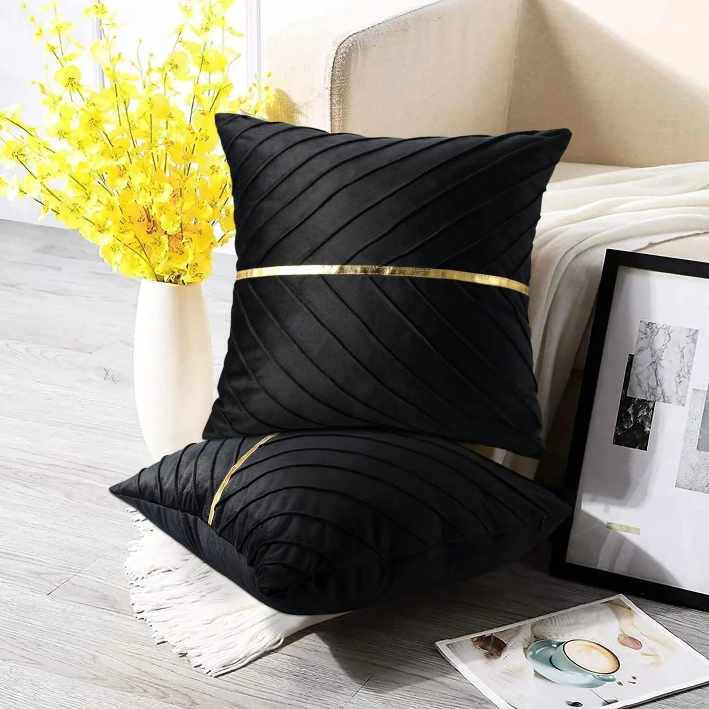 Elegant Black Velvet Pillow Cover with Gold Accents - Fesara