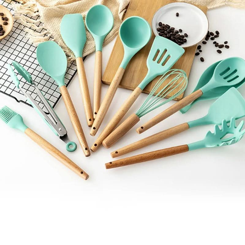 Eco-Friendly Silicone Kitchen Utensil Set with Wood Handles