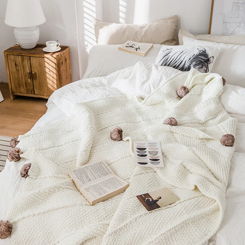 Soft Pom Pom Plush Throw Blanket