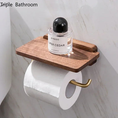 Elegant Wooden Toilet Paper Holder with Gold Bracket