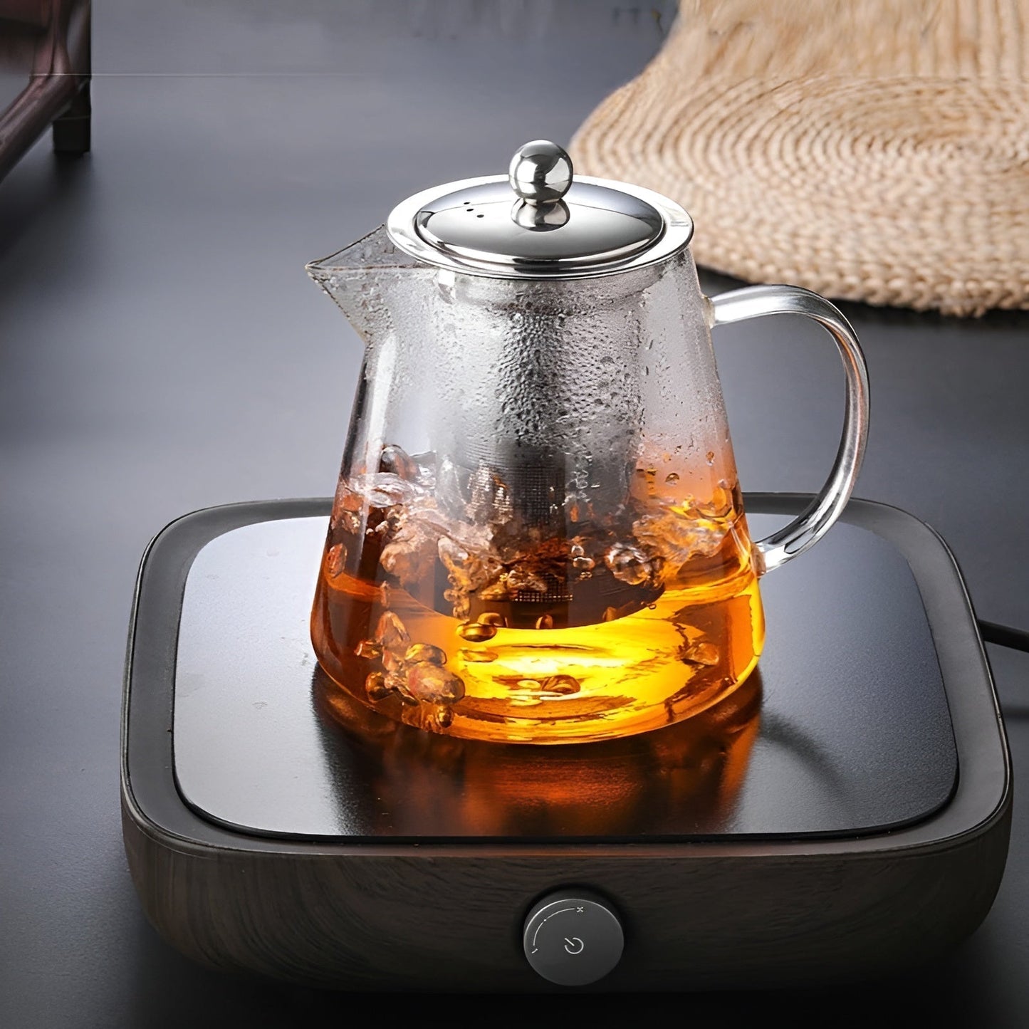 Clear Glass Tea Infuser with Steel Strainer and Wood Lid