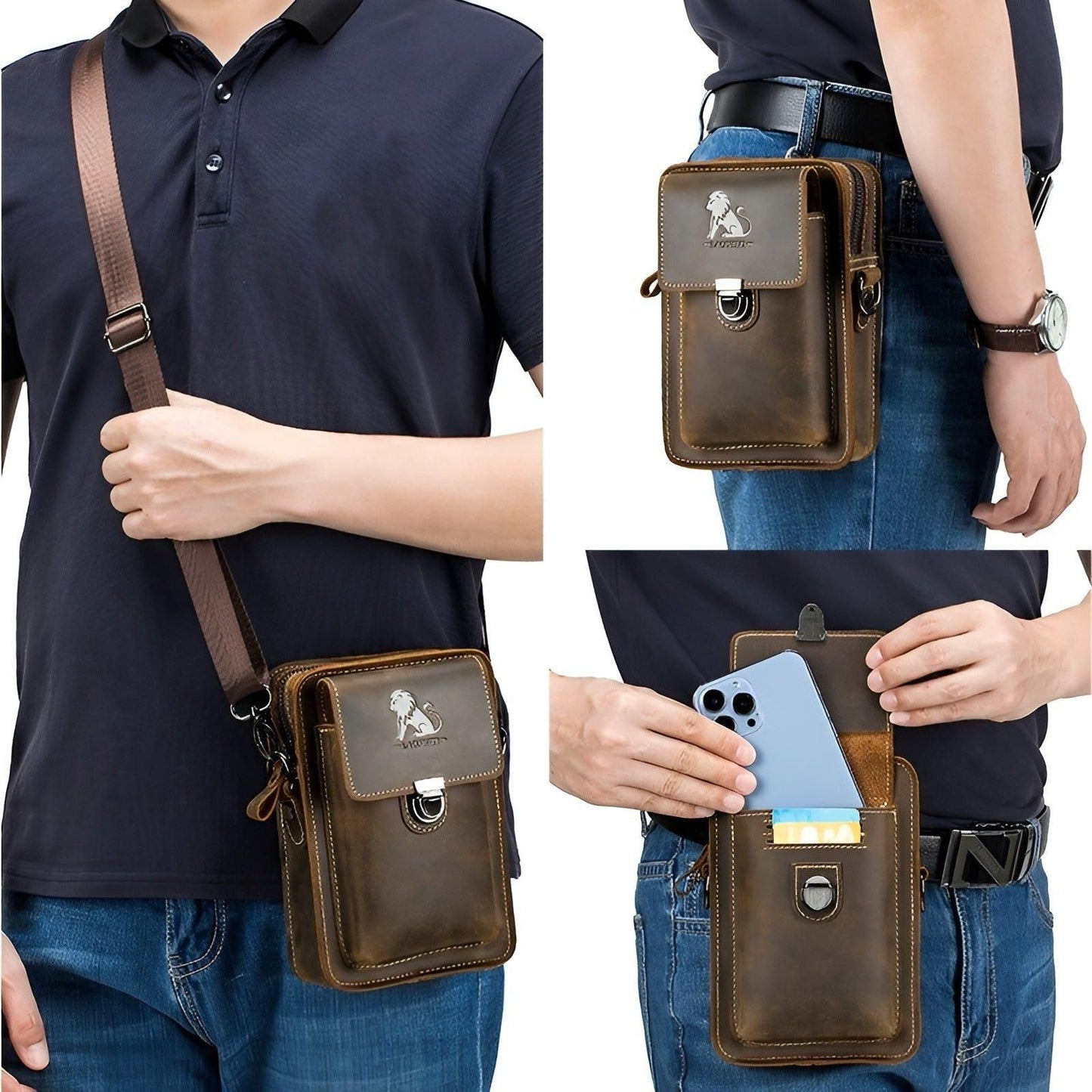 Practical Men's Leather Belt Bag with Adjustable Strap