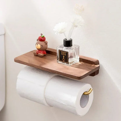 Elegant Wooden Toilet Paper Holder with Gold Bracket