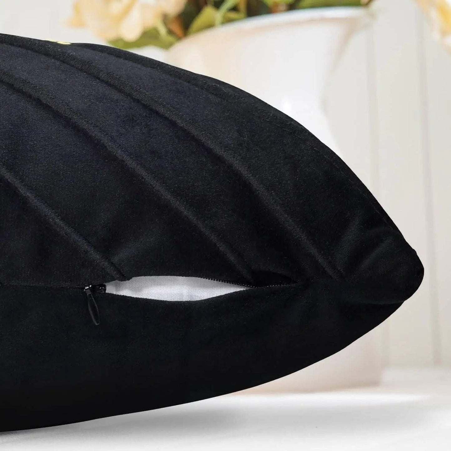 Elegant Black Velvet Pillow Cover with Gold Accents