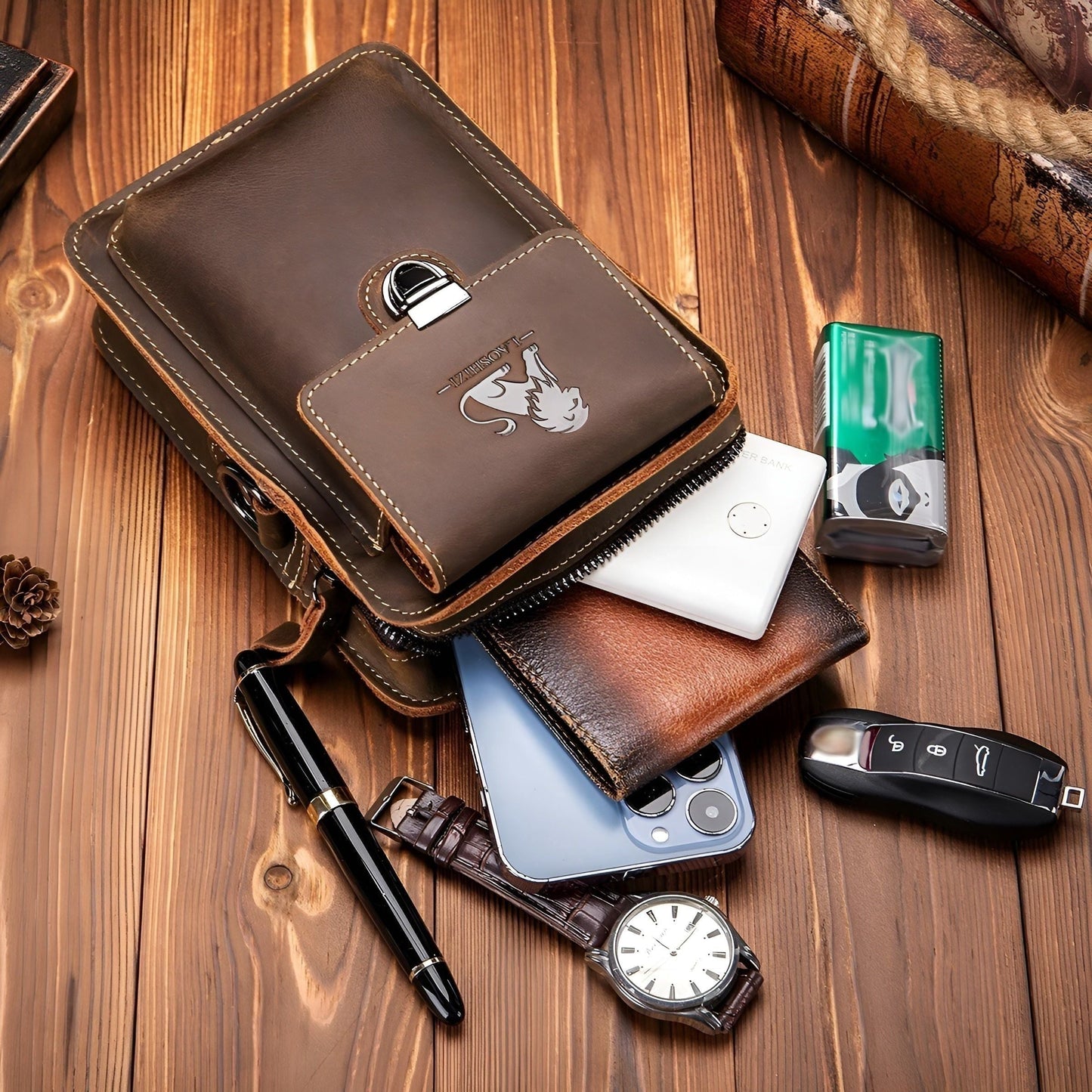 Practical Men's Leather Belt Bag with Adjustable Strap