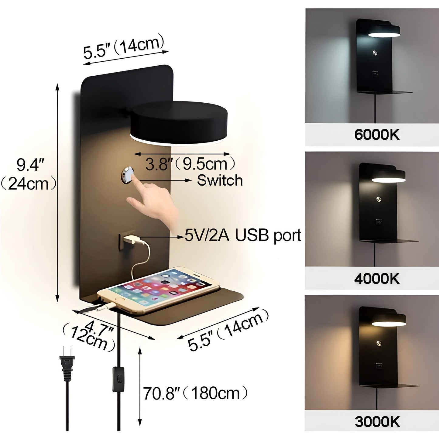 Sleek LED Wall Light with USB Charger - Black White Style