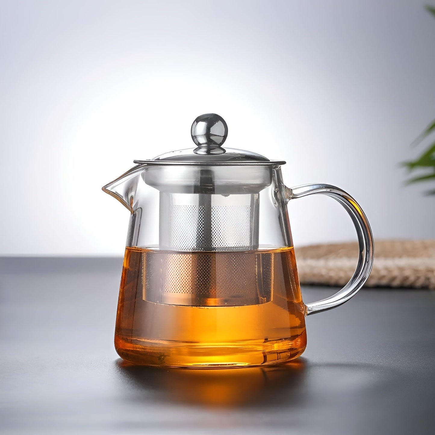 Clear Glass Tea Infuser with Steel Strainer and Wood Lid