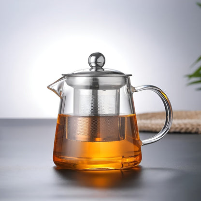 Clear Glass Tea Infuser with Steel Strainer and Wood Lid