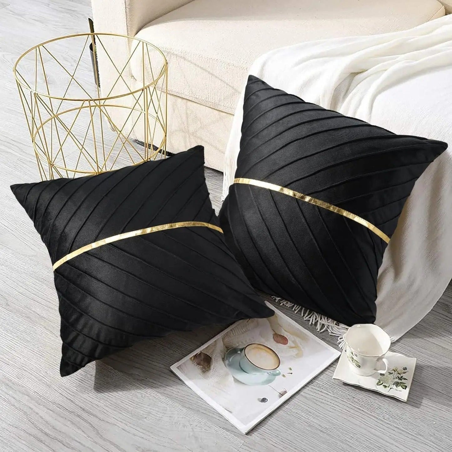 Elegant Black Velvet Pillow Cover with Gold Accents