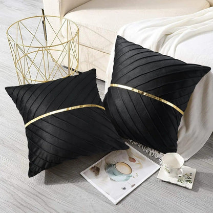 Elegant Black Velvet Pillow Cover with Gold Accents