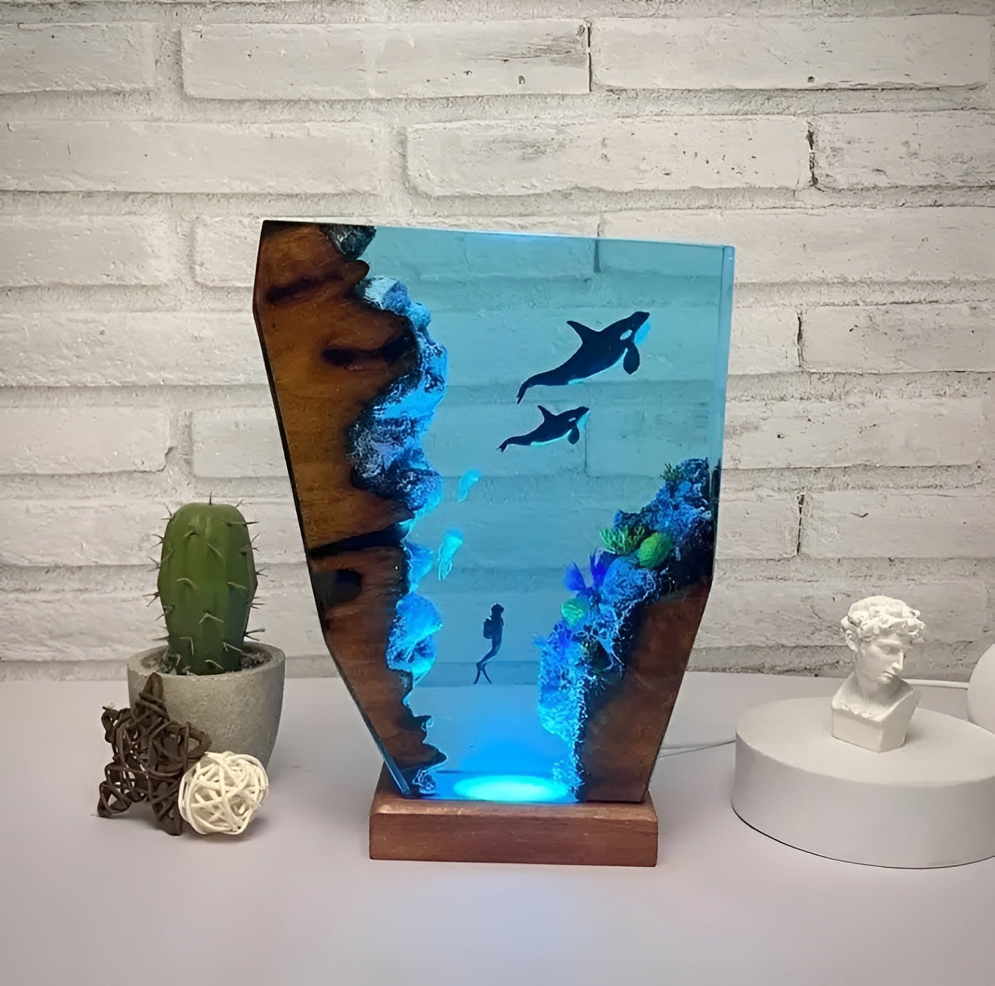 Calming Coastal Glass Table Lamp with USB Charger