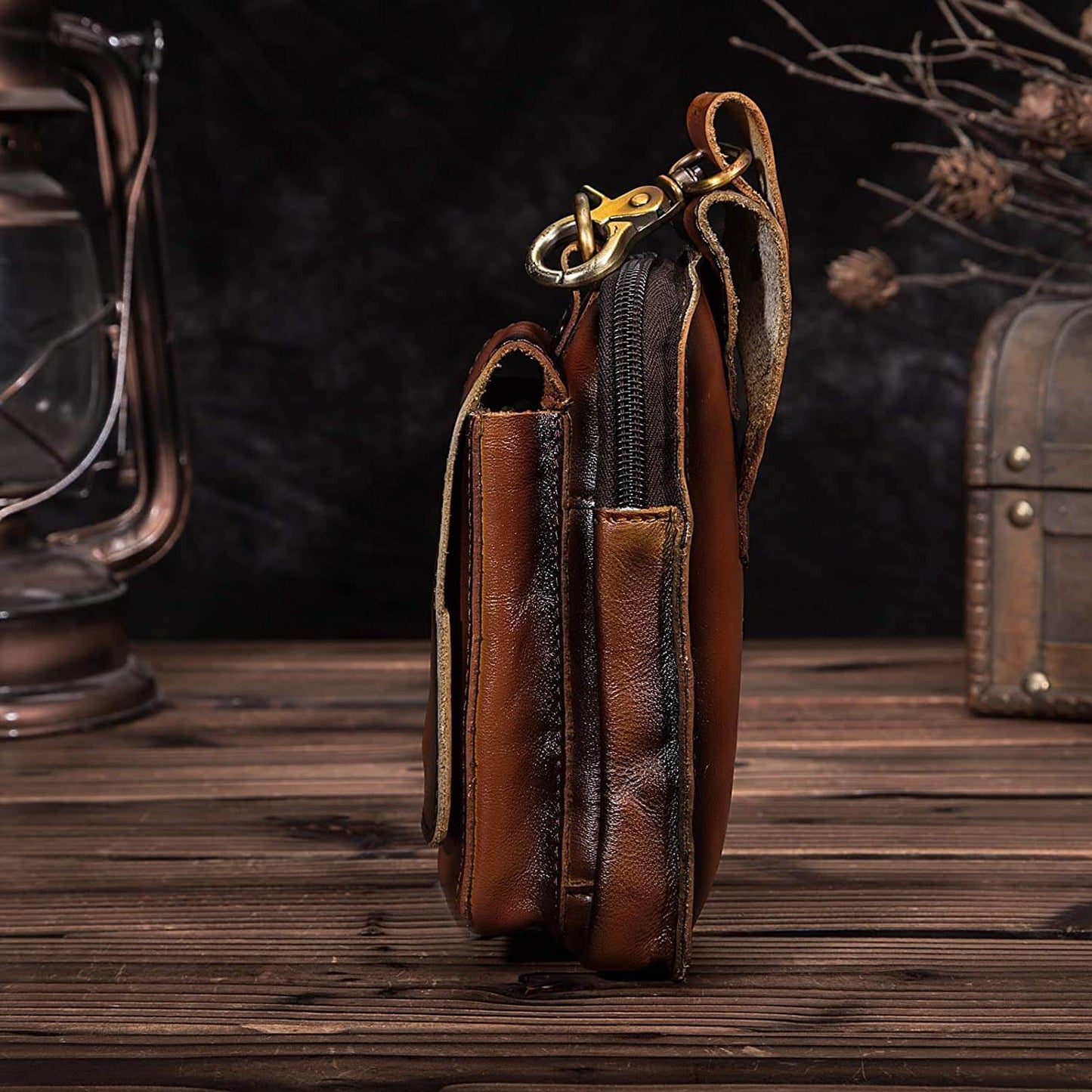 Men's Real Leather Travel Belt Bag with Secure Snap Closure