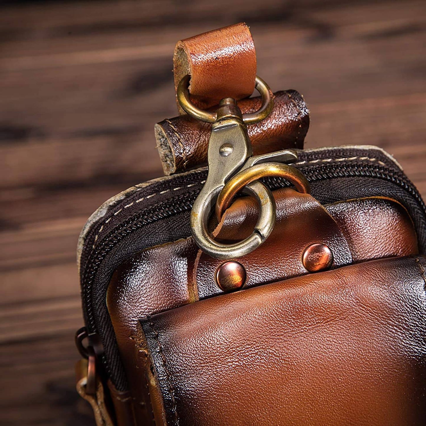 Men's Real Leather Travel Belt Bag with Secure Snap Closure