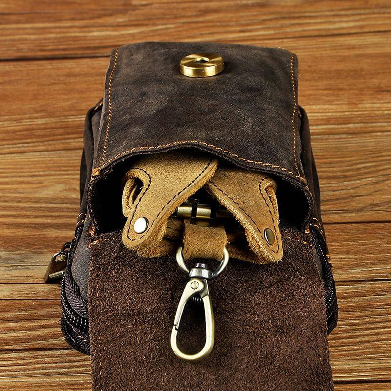 Men's Real Leather Travel Belt Bag with Secure Snap Closure