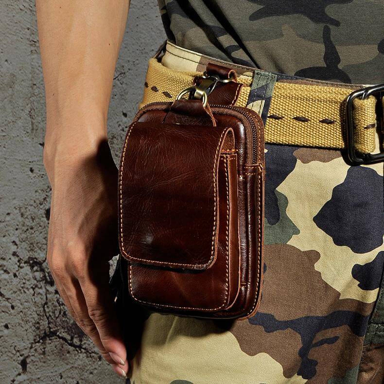 Men's Real Leather Travel Belt Bag with Secure Snap Closure